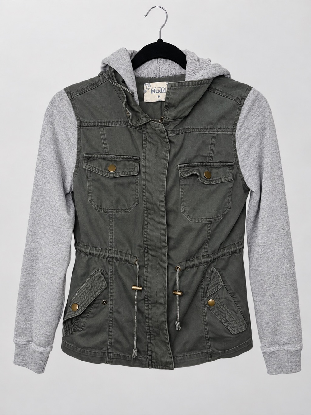 Mudd Women’s XS Gray Hooded Utility Jacket Sweatshirt Sleeves Military Style